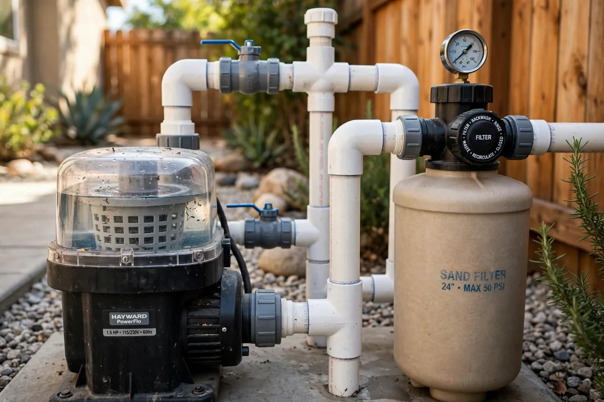 Pool pump and sand filter equipment in a sunny yard