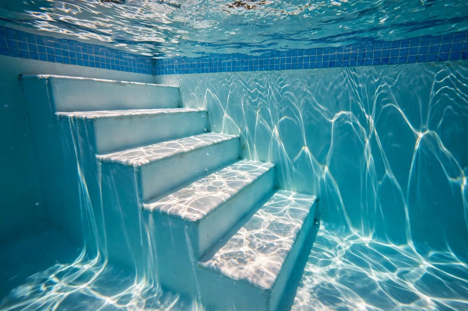 Underwater pool steps with sunlight patterns in clear water