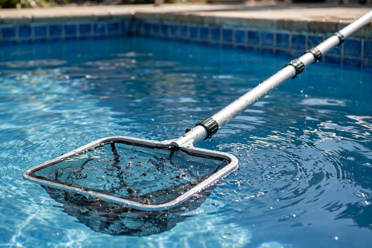 Pool skimmer net resting on clear blue water